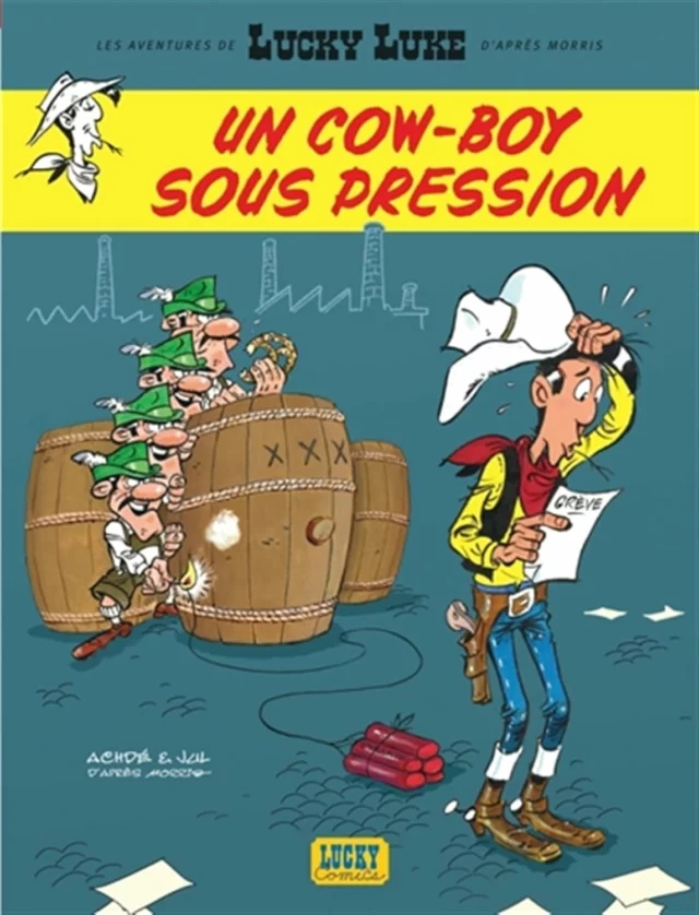 Ce personnage immortel parcourt depuis 1946 l'histoire de l'ouest américain. Il y a rencontré des personnages célèbres (Jesse James, Calamity Jane, Billy the Kid, Sarah Bernhardt...). Lucky Luke est l'homme des missions impossibles, le défenseur des pauvres, des veuves et des orphelins, bref le parfait héros ! Son cheval, Jolly Jumper, est un parfait compagnon de ce "poor lonesome cowboy". Les frères Dalton se dressent perpétuellement sur le chemin de Lucky Luke ce qui permet à ce dernier de les poursuivre continuellement et de les confier à la justice. Autre personnage traditionnel de la série : Rantanplan, le chien le plus bête du farwest.

Lucky Luke est, avec Astérix et Tintin, le plus célèbre personnage de l'histoire de la BD : cette série, accessible à tous, est devenu un mythe grâce à Morris et Goscinny. Ce personnage a fait l'essentiel de sa formidable carrière dans les pages de SPIROU, PILOTE et LE JOURNAL DE LUCKY LUKE. Une exploitation merchandising et audiovisuelle (dont aux États-Unis) a permis d'introduire Lucky Luke auprès d'une très large couche de la population et auprès de plusieurs générations de lecteurs. À noter qu'après la disparition de Goscinny, plusieurs scénaristes ont travaillé sur la série : Vicq, De Groot, Fauche et Léturgie, Lodewijk, Lo Hartog Van Banda et Vidal. 

"L'ambiance est morose à New-München, ce petit village du Dakota fondé par des colons allemands. La raison ? Une pénurie de bière causée par la grève générale qui paralyse toutes les brasseries du pays ! Alors quand Lucky Luke est appelé à la rescousse, il va devoir se rendre à Milwaukee, capitale américaine de la bière, pour apaiser les tensions entre syndicalistes marxistes et barons industriels. Et si notre cowboy solitaire est déjà débordé par les affres du conflit social, c'est sans compter sur les Dalton qui viennent se mêler de la partie..."